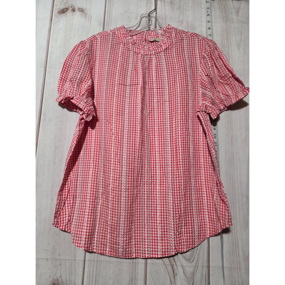 DNMX Red Gingham Ruffle Sleeve Button‎ Back Top Shirt Women's L